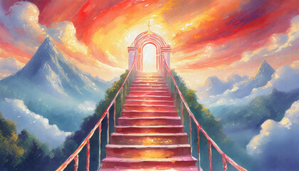 Surreal drawing of stairway to heaven. Majestic interpretation on heaven and god - obrazy, fototapety, plakaty