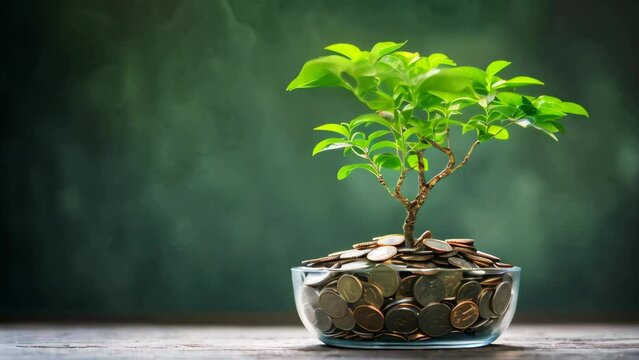 A little tree growth on coins in jar. Money management invest concept. 