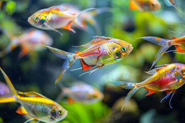 In the crystal-clear water, a collection of stunning ornamental fish captivates with their vibrant beauty