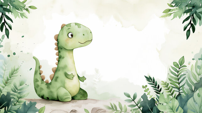 Cute Baby Dinosaur watercolor illustration style. Baby animals for nursery, baby shower, banners and birthday poster decoration. Copy space for text. Generative AI