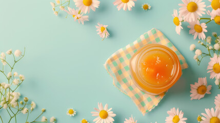 jar of apricot jam on plaid napkin with chamomile and baby's breath flowers on a turquoise background, flat lay  - obrazy, fototapety, plakaty