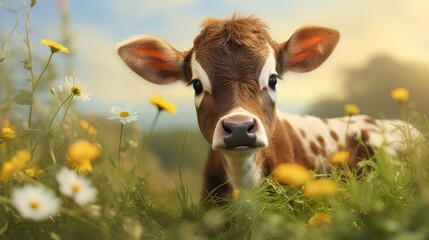 grass cute baby cow - obrazy, fototapety, plakaty
