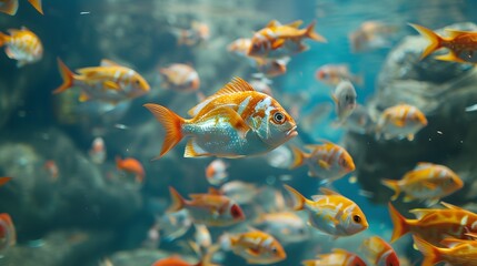 Within the pristine waters, a mesmerizing array of ornamental fish creates a captivating underwater spectacle