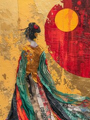 Fototapeta premium mural art of an Asian princess in colorful traditional costume, fresco, wall decor, back view of a woman, concept art, 3d wallpaper, abstract illustration, AI