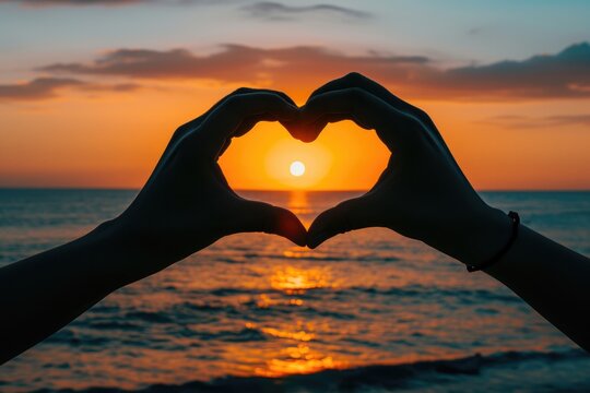 Both hands were forming a heart shape with sunlight shining through them. The background is the sea. sunset