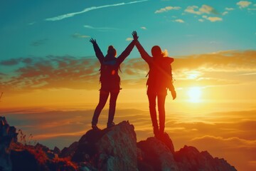 Fototapeta premium Two young mountain climbers raised their hands. Plant the flag on the mountaintop after reaching the summit.