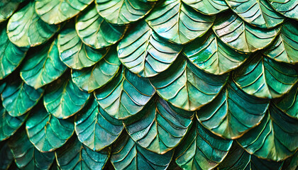 metallic green-blue dragon scales glistening in forest light, evoking mythical creatures