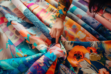 Designer Selecting from a Burst of Floral Fabric Prints