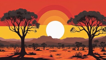 Outback Australia landscape silhouette, desert landscape gum trees orange, red, yellow sky. Australian Aboriginal Flag colours, Generative AI
