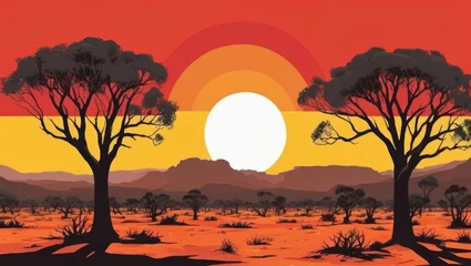 Foto auf Acrylglas Outback Australia landscape silhouette, desert landscape gum trees orange, red, yellow sky. Australian Aboriginal Flag colours, Generative AI © Rick