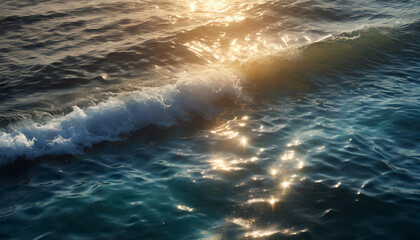 serene ocean with soft sunlight reflecting on the clean water surface, evoking hope, peace, and a bright future