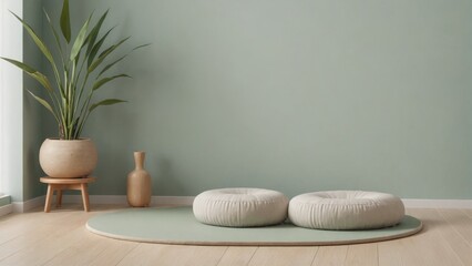 Fototapeta na wymiar Meditation corner. Include a round, cushioned meditation pillow (zafu) placed on a soft, textured mat (zabuton), with a backdrop of a simple, tranquil wall color, Generative AI