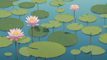 Vibrant Lotus Flowers Blooming Serenely on Calm Water Surface, Generative AI