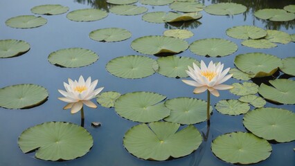 Vibrant Lotus Flowers Blooming Serenely on Calm Water Surface, Generative AI