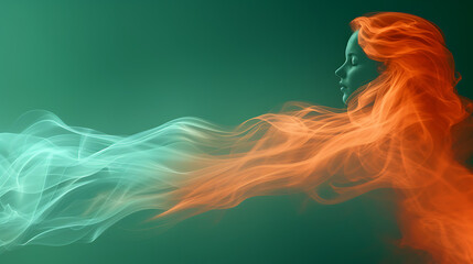 digital smoke woman animation, in the style of teal and orange, naturalistic ocean waves, orange and emerald, precisionism influence, flowing fabrics, serene faces
