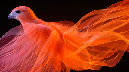 flaming bird is flying on a black background, in the style of flowing fabrics, whiplash curves, pink and orange
