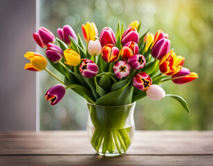 bouquet of tulips on the wood brown table in a glass vase with a bokeh background