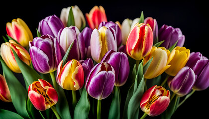 Naklejka premium bouquet of color tulips with a black background