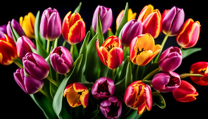 Fototapeta premium bouquet of colour tulips with a black background