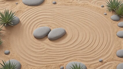 Fototapeta na wymiar Simplistic Zen garden, raked sand patterns surrounding single large, smooth stone, embodying mindfulness and focus, Generative AI