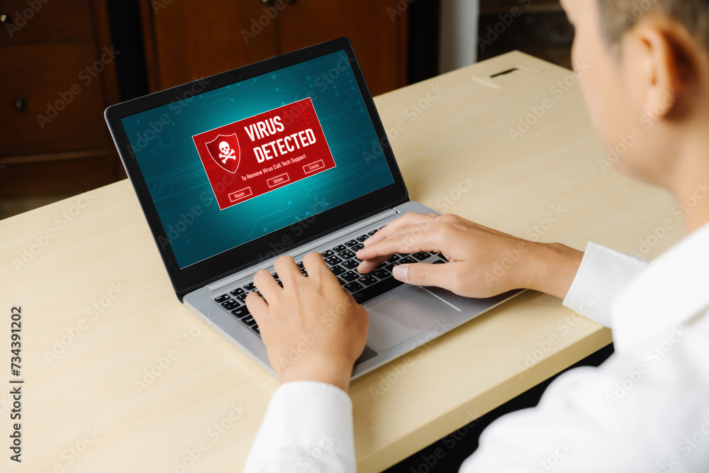 Aufkleber virus warning alert on computer screen detected modish cyber threat , hacker, computer virus and mal
