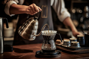 Barista making pour-over coffee in a cafe - obrazy, fototapety, plakaty