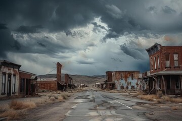 Rustic ghost town street with dilapidated buildings under a dramatic sky