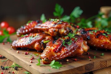 Succulent bbq chicken wings on a rustic wooden table. close-up of delicious grilled poultry with herbs and spices