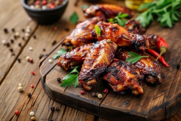 Succulent bbq chicken wings on a rustic wooden table. close-up of delicious grilled poultry with herbs and spices