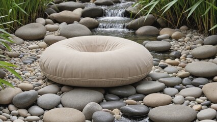 Meditation Cushion by a Babbling Brook in a Rocky Stream, Generative AI