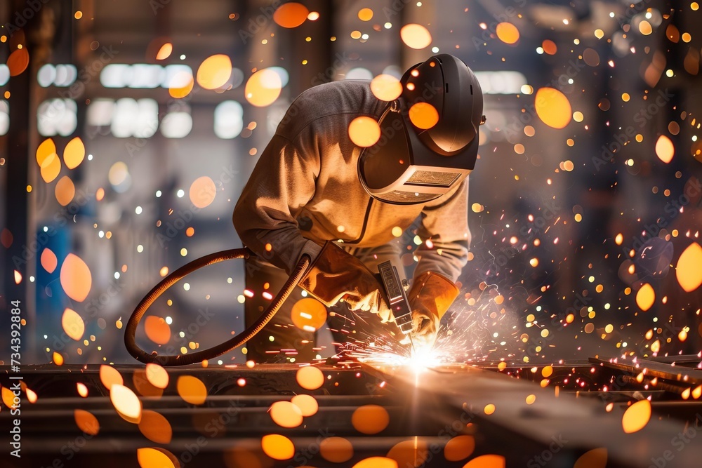 Poster welder at work in an industrial setting focusing on precision and skill amidst sparks and bokeh high
