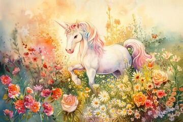 Obraz na płótnie Canvas Watercolor painting of a whimsical unicorn in a floral garden. dreamy and magical illustration with vibrant colors
