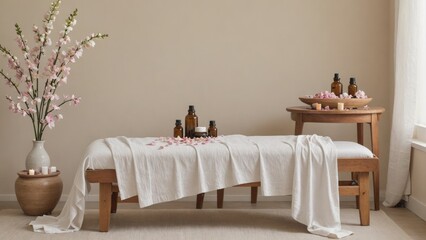 Serene Massage Table Setup with Natural Light and Floral Accents, Generative AI