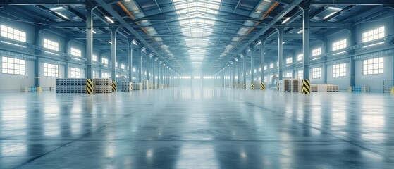 Modern Empty Industrial Warehouse Interior with Sunlight