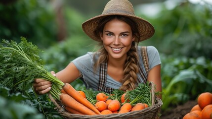 Close up portrait gardener with bunch of carrots in hand in garden
