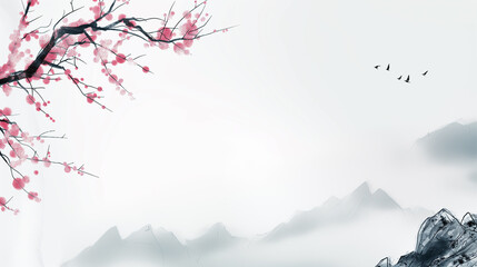Illustration of a traditional East Asian landscape scenery in the style of ink wash painting. For use in professional slideshows, presentations, etc. Created with Generative AI technology