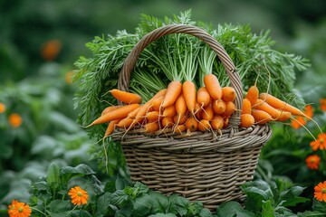 Close up portrait gardener with bunch of carrots in hand in garden - obrazy, fototapety, plakaty