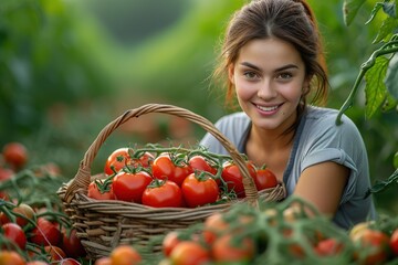 Cherry tomato harvest farmer collect at sunlight greenhouse. Farm woman professional