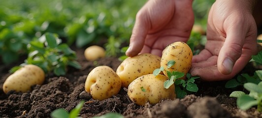 Tubers of new potatoes.Harvesting. A man digs potatoes with a shovel.