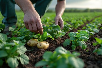 Tubers of new potatoes.Harvesting. A man digs potatoes with a shovel. - obrazy, fototapety, plakaty