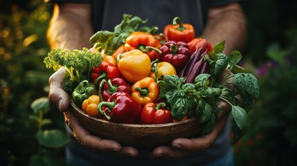 Fresh organic vegetables in wooden box in farmers hands. agriculture or harvest concept