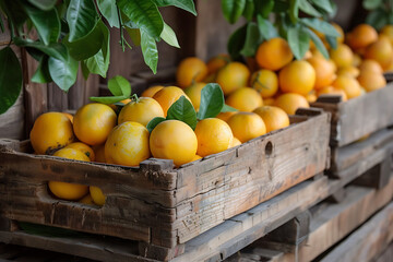 wooden crates with oranges, picking citrus fruits