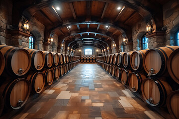 Old cellar with barrels and other made wine