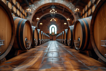 Old cellar with barrels and other made wine