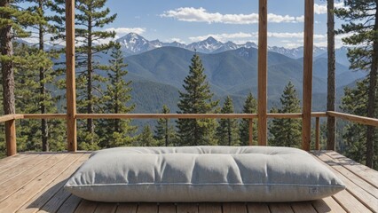 Meditation cushion placed on a wooden deck overlooking a panoramic view of mountains, with pine trees framing the scene and a clear blue sky, Generative AI