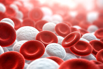 Close up of red and white blood cells. Erythrocytes and leukocytes. Bloodstream.