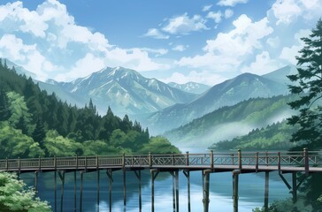Tranquil Wooden Bridge Over Mountain Lake Landscape