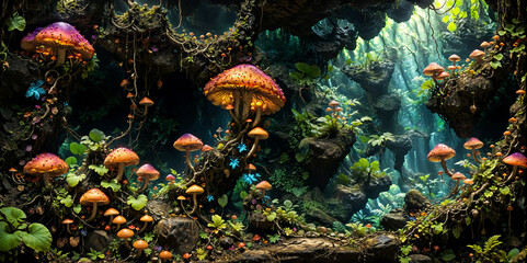 Fototapeta na wymiar Mushrooms and fungi in a tropical jungle cave.