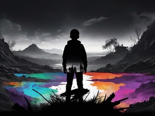 Fototapeta premium double exposure silhouette of boy and nature