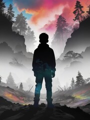double exposure silhouette of boy and nature